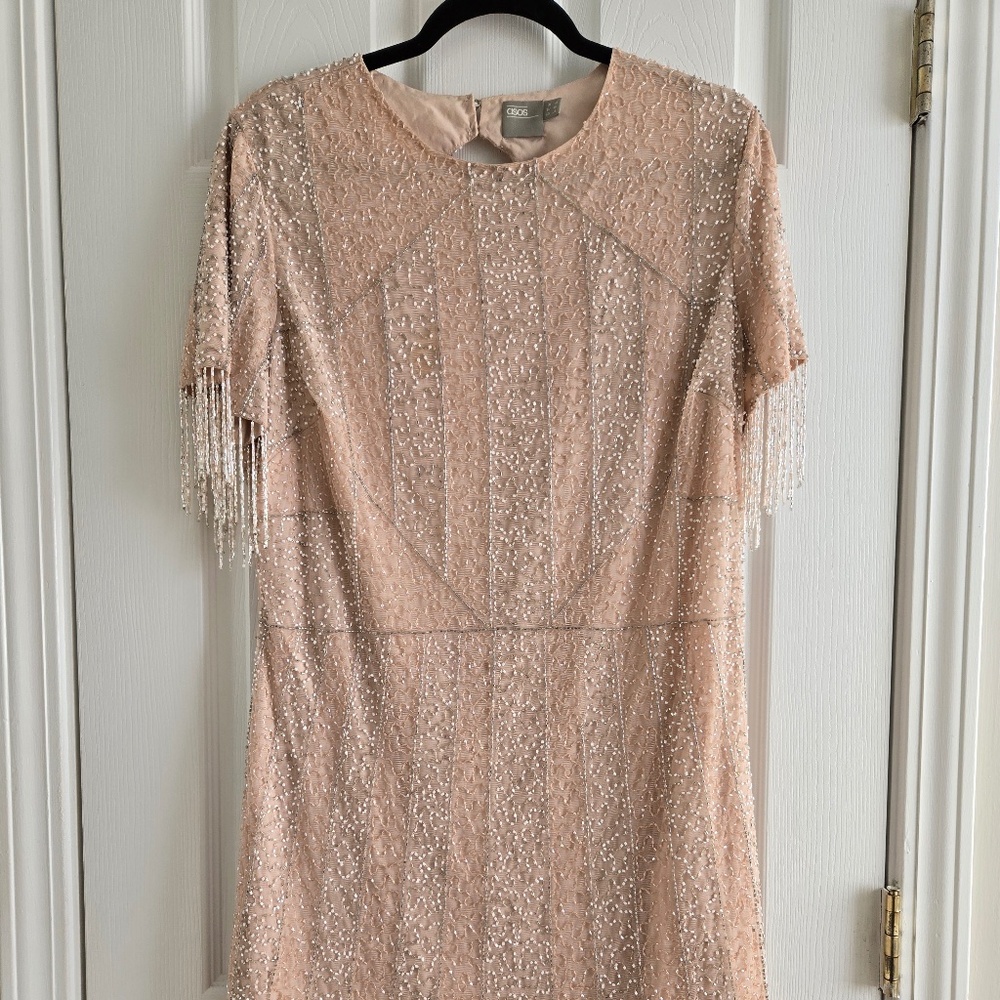ASOS blush Nude Pink Silver Fringe Beaded Open Back Cocktail Party Mini Dress